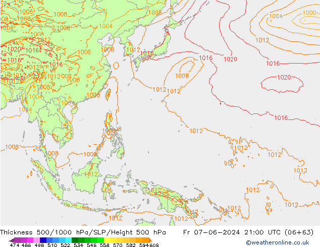 Espesor 500-1000 hPa ECMWF vie 07.06.2024 21 UTC