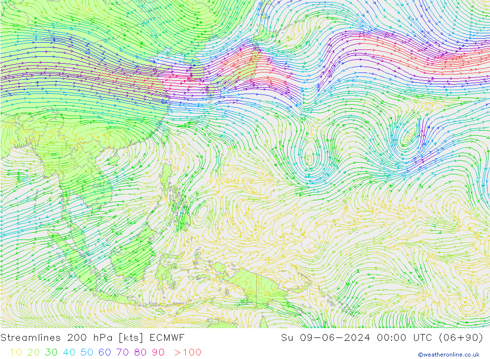 Streamlines 200 hPa ECMWF Su 09.06.2024 00 UTC