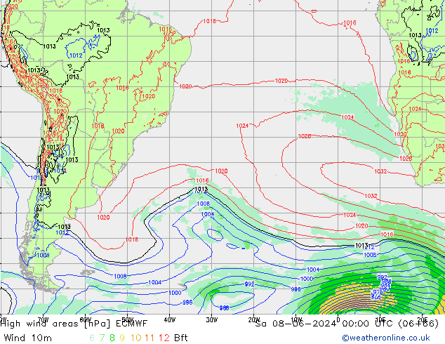 yüksek rüzgarlı alanlar ECMWF Cts 08.06.2024 00 UTC