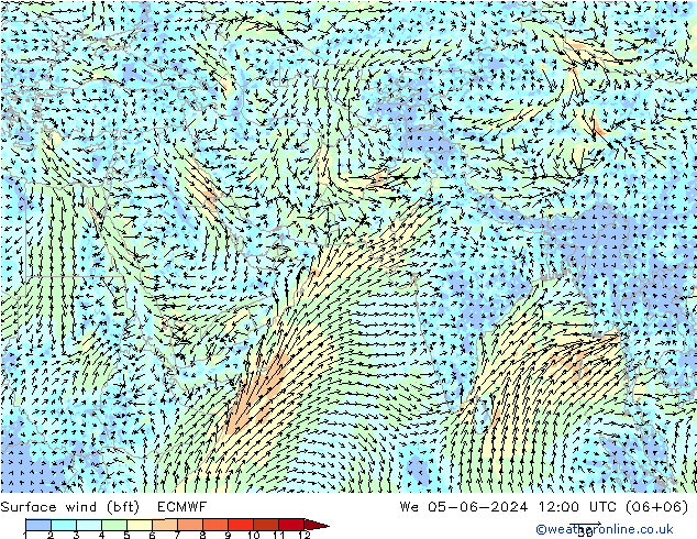 Viento 10 m (bft) ECMWF mié 05.06.2024 12 UTC