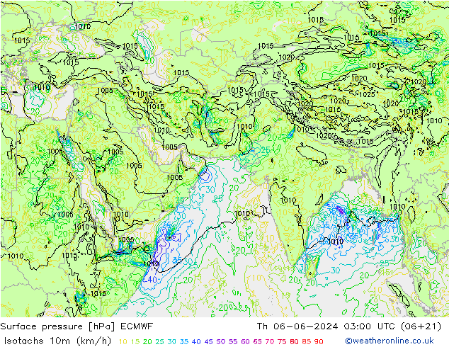 Isotachs (kph) ECMWF gio 06.06.2024 03 UTC