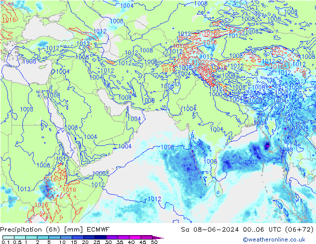 Precipitation (6h) ECMWF So 08.06.2024 06 UTC