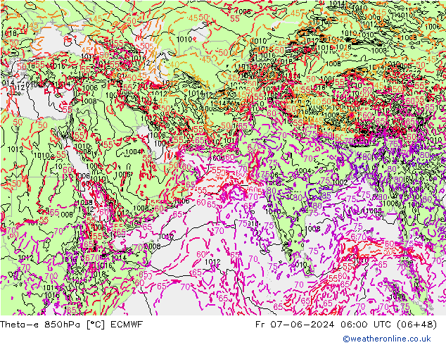 Theta-e 850hPa ECMWF Pá 07.06.2024 06 UTC