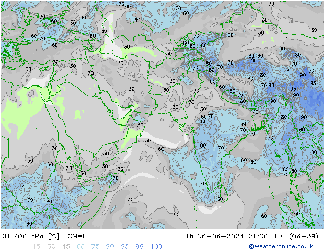 Humedad rel. 700hPa ECMWF jue 06.06.2024 21 UTC