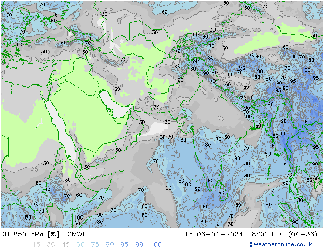 RH 850 hPa ECMWF czw. 06.06.2024 18 UTC