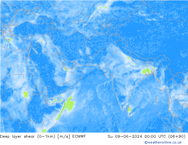 Deep layer shear (0-1km) ECMWF Su 09.06.2024 00 UTC