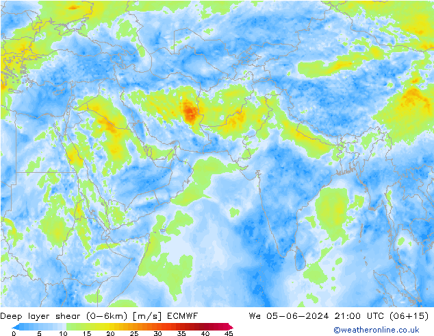 Deep layer shear (0-6km) ECMWF mer 05.06.2024 21 UTC