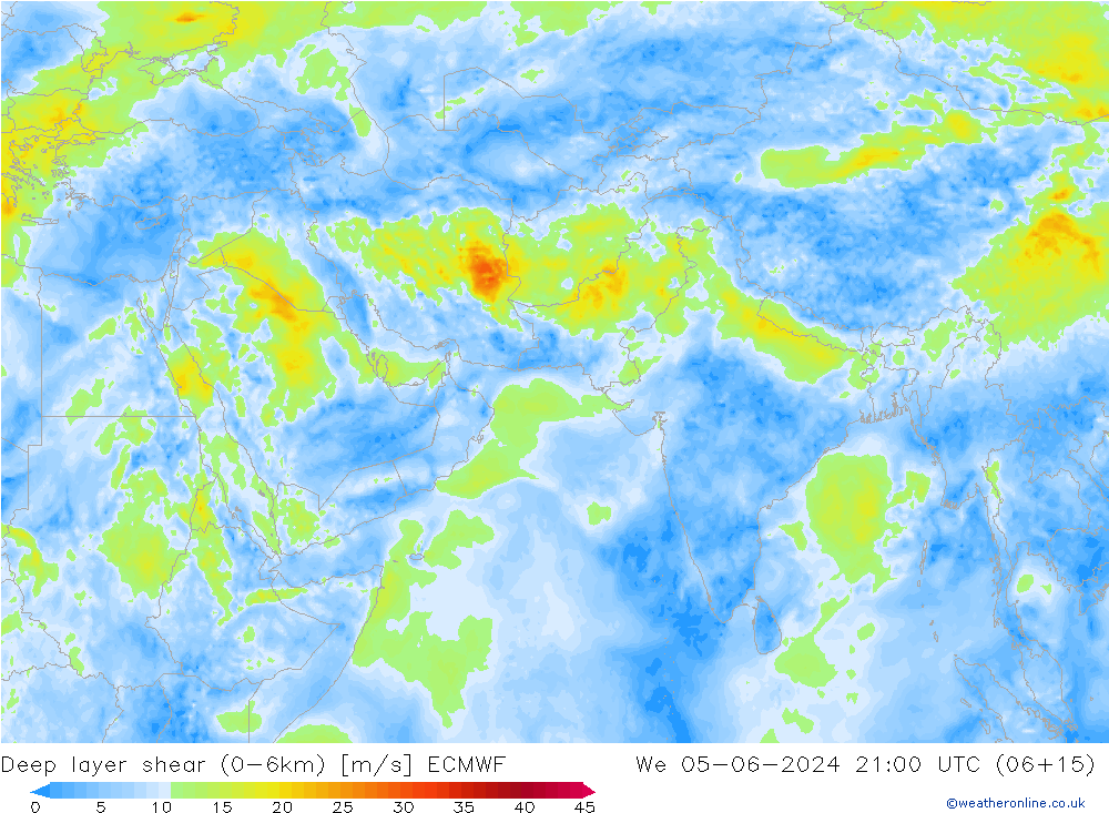 Deep layer shear (0-6km) ECMWF We 05.06.2024 21 UTC