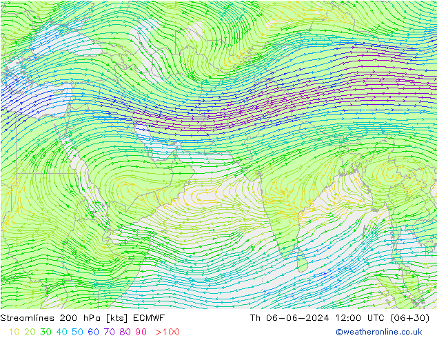 Línea de corriente 200 hPa ECMWF jue 06.06.2024 12 UTC