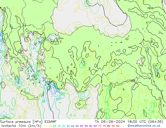 Isotaca (kph) ECMWF jue 06.06.2024 18 UTC