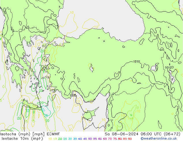 Isotachs (mph) ECMWF сб 08.06.2024 06 UTC