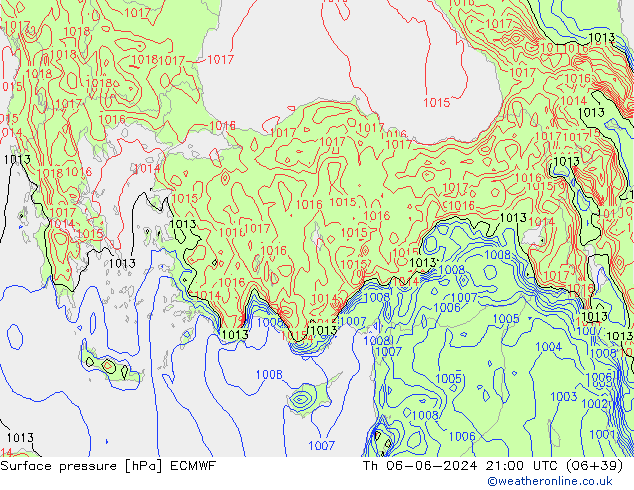 Atmosférický tlak ECMWF Čt 06.06.2024 21 UTC