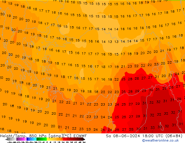 Height/Temp. 850 hPa ECMWF Sa 08.06.2024 18 UTC