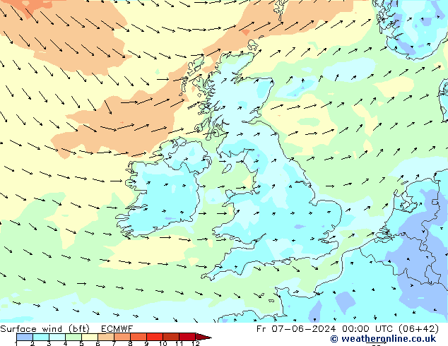 Wind 10 m (bft) ECMWF vr 07.06.2024 00 UTC