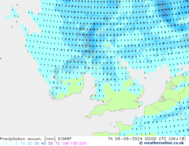 Precipitation accum. ECMWF чт 06.06.2024 00 UTC