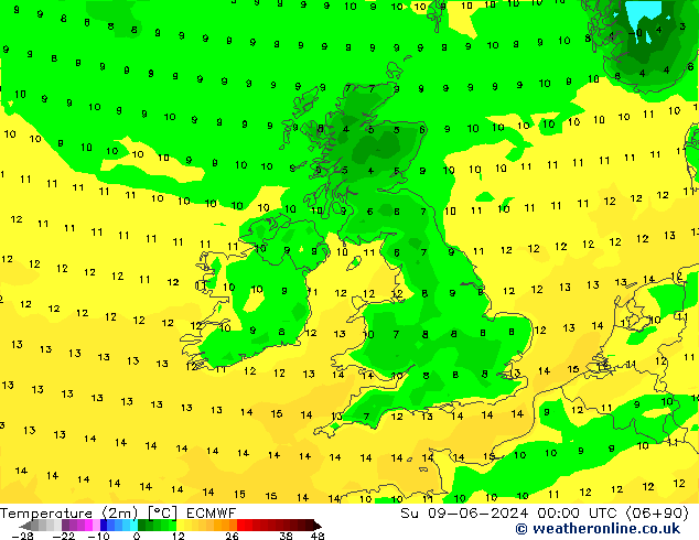 Sıcaklık Haritası (2m) ECMWF Paz 09.06.2024 00 UTC