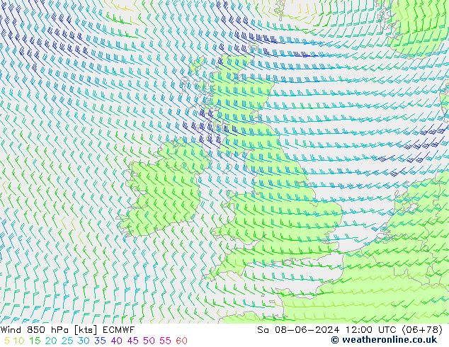 Viento 850 hPa ECMWF sáb 08.06.2024 12 UTC