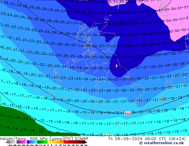 Hoogte/Temp. 500 hPa ECMWF do 06.06.2024 06 UTC