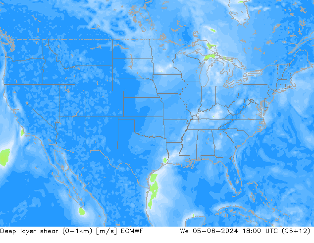 Deep layer shear (0-1km) ECMWF Qua 05.06.2024 18 UTC