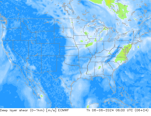 Deep layer shear (0-1km) ECMWF Th 06.06.2024 06 UTC