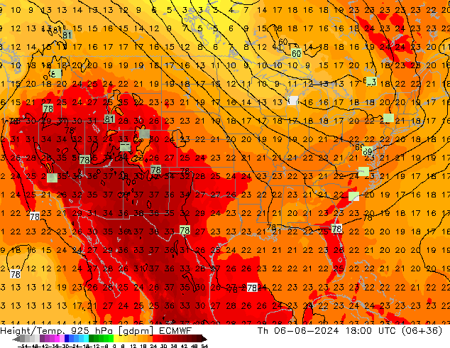 Height/Temp. 925 hPa ECMWF czw. 06.06.2024 18 UTC