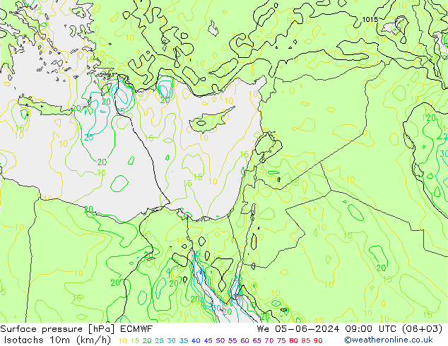 Isotachs (kph) ECMWF Qua 05.06.2024 09 UTC