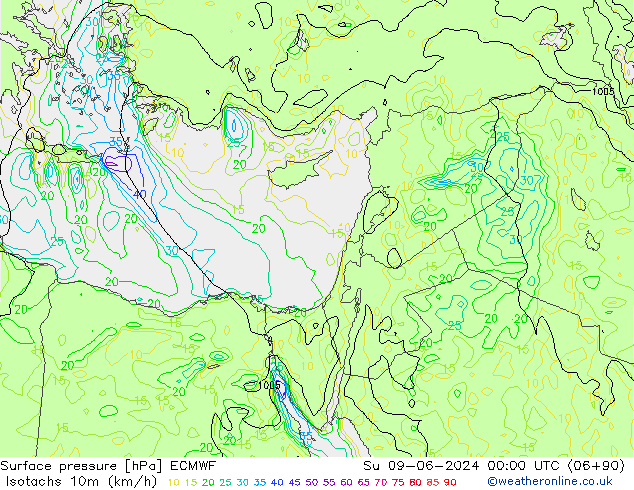 Isotachs (kph) ECMWF Ne 09.06.2024 00 UTC