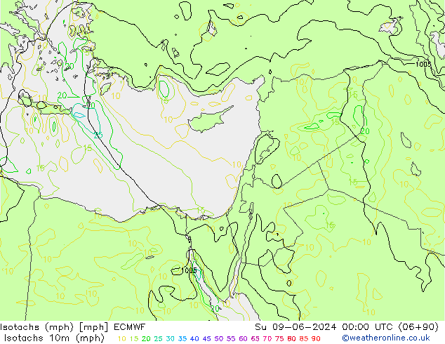 Isotachs (mph) ECMWF Вс 09.06.2024 00 UTC