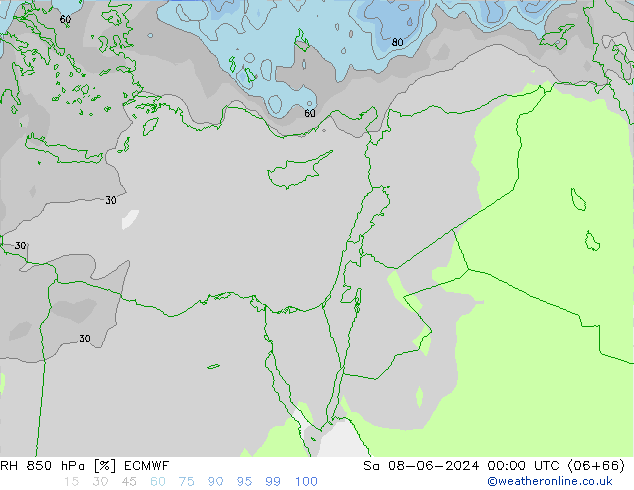 Humedad rel. 850hPa ECMWF sáb 08.06.2024 00 UTC