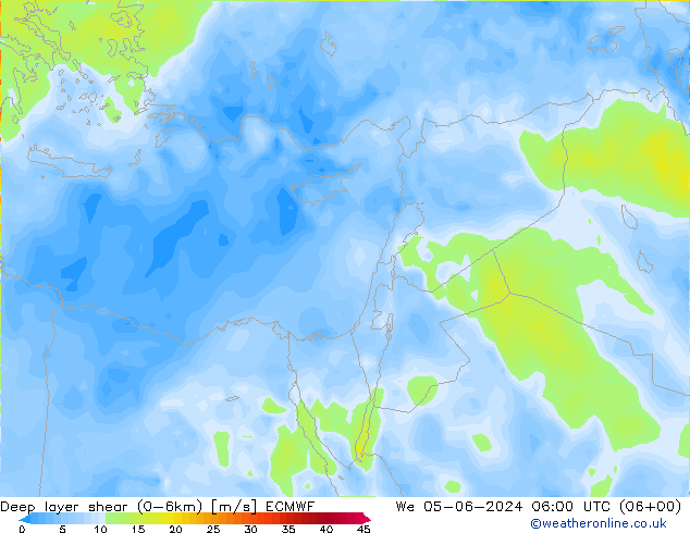 Deep layer shear (0-6km) ECMWF mer 05.06.2024 06 UTC