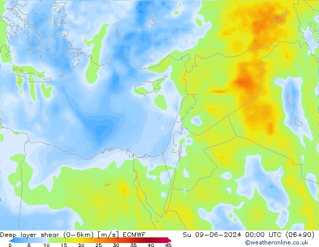 Deep layer shear (0-6km) ECMWF Dom 09.06.2024 00 UTC