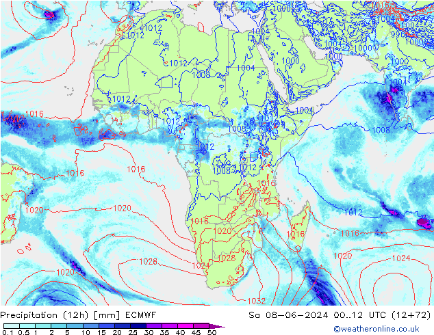 Precipitation (12h) ECMWF Sa 08.06.2024 12 UTC