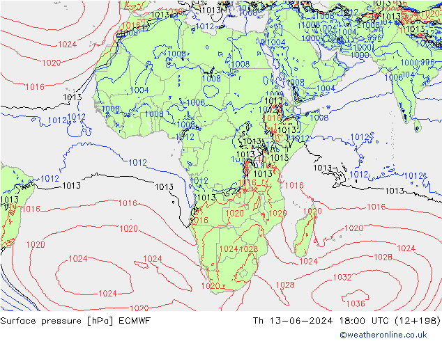 Atmosférický tlak ECMWF Čt 13.06.2024 18 UTC