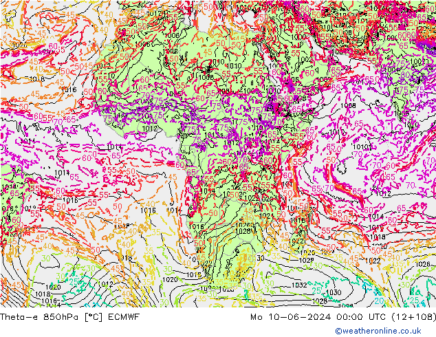 Theta-e 850hPa ECMWF Mo 10.06.2024 00 UTC