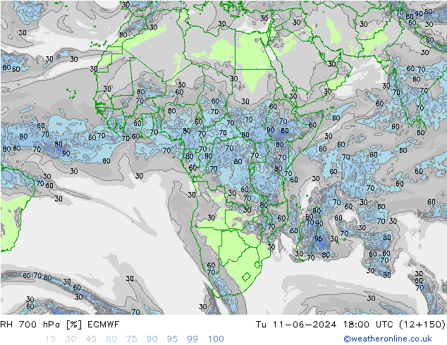 RH 700 hPa ECMWF Út 11.06.2024 18 UTC