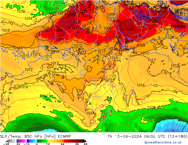 SLP/Temp. 850 hPa ECMWF gio 13.06.2024 06 UTC