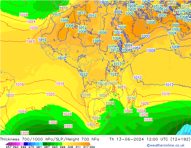 Thck 700-1000 hPa ECMWF Čt 13.06.2024 12 UTC