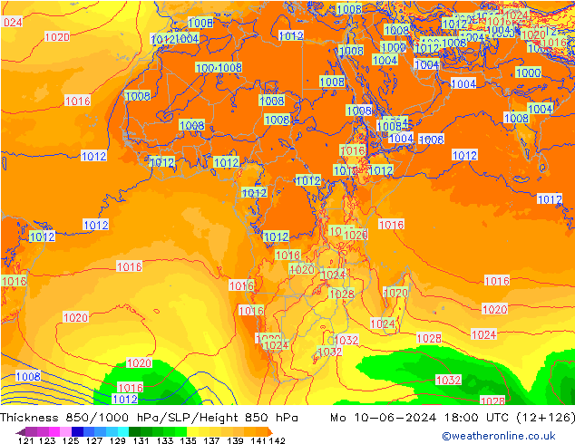 Thck 850-1000 hPa ECMWF pon. 10.06.2024 18 UTC