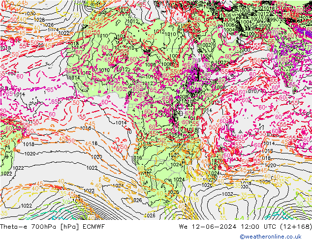 Theta-e 700hPa ECMWF mer 12.06.2024 12 UTC