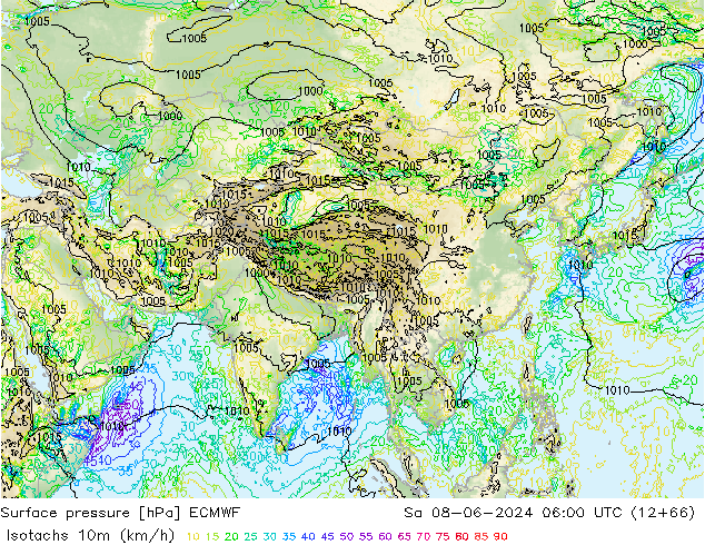 Eşrüzgar Hızları (km/sa) ECMWF Cts 08.06.2024 06 UTC