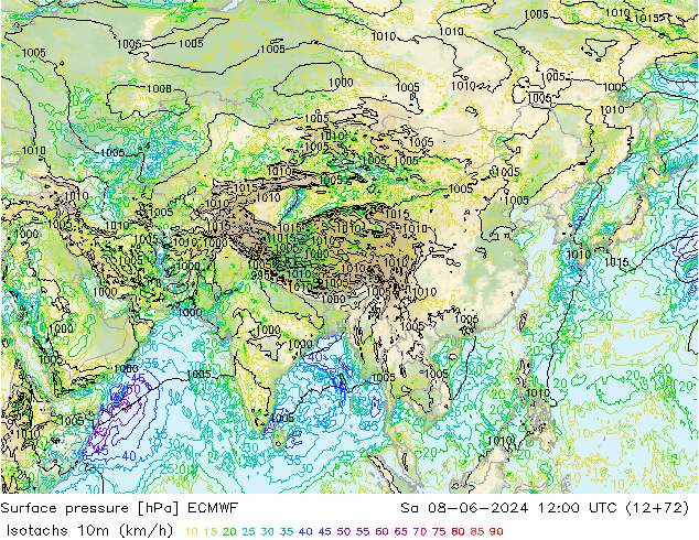 Isotachs (kph) ECMWF сб 08.06.2024 12 UTC