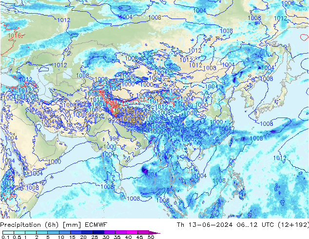 Precipitazione (6h) ECMWF gio 13.06.2024 12 UTC