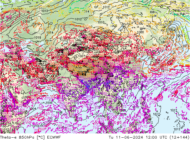 Theta-e 850hPa ECMWF wto. 11.06.2024 12 UTC