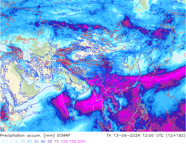 Precipitation accum. ECMWF Qui 13.06.2024 12 UTC