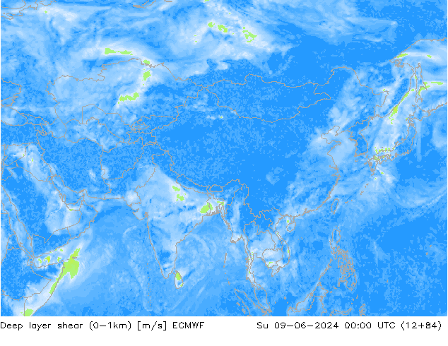 Deep layer shear (0-1km) ECMWF Ne 09.06.2024 00 UTC