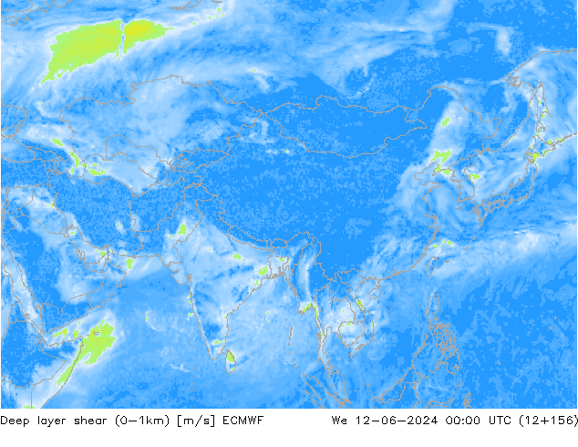 Deep layer shear (0-1km) ECMWF Mi 12.06.2024 00 UTC