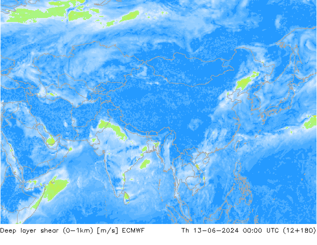 Deep layer shear (0-1km) ECMWF gio 13.06.2024 00 UTC