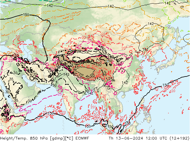 Height/Temp. 850 hPa ECMWF Th 13.06.2024 12 UTC