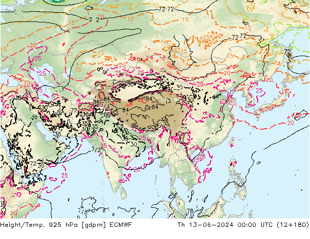 Height/Temp. 925 hPa ECMWF gio 13.06.2024 00 UTC