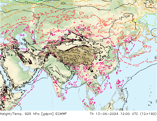 Height/Temp. 925 hPa ECMWF Th 13.06.2024 12 UTC